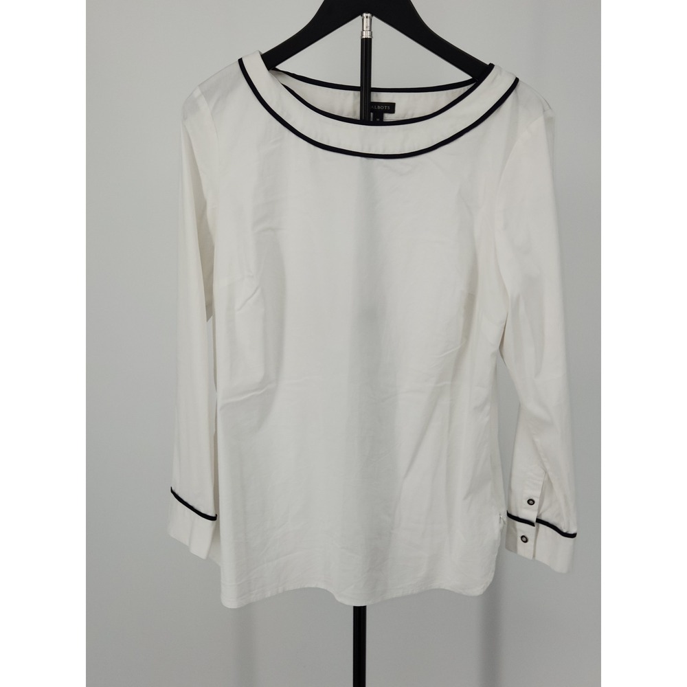 Talbots Womens White Boat Neck Long Sleeve Blouse Navy Trim Side Zip Size M